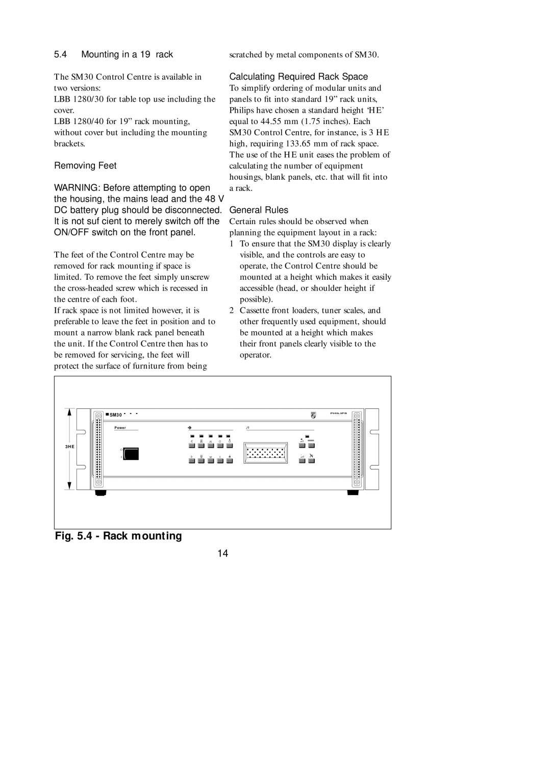 Philips SM30 manual Mounting in a 19 rack, Removing Feet, Calculating Required Rack Space, General Rules 