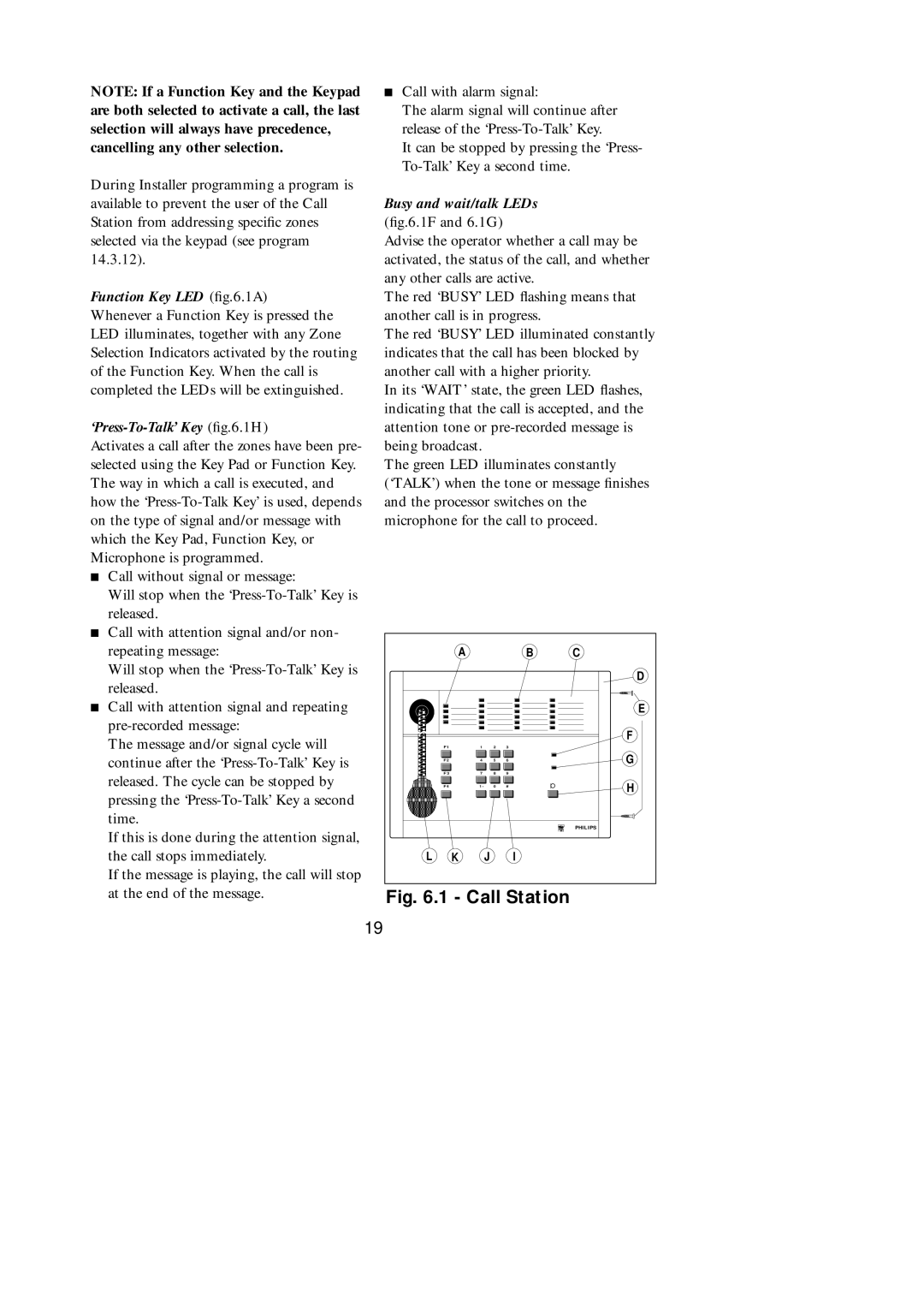 Philips SM30 manual Call Station, ‘Press-To-Talk’ Key ﬁg.6.1H 