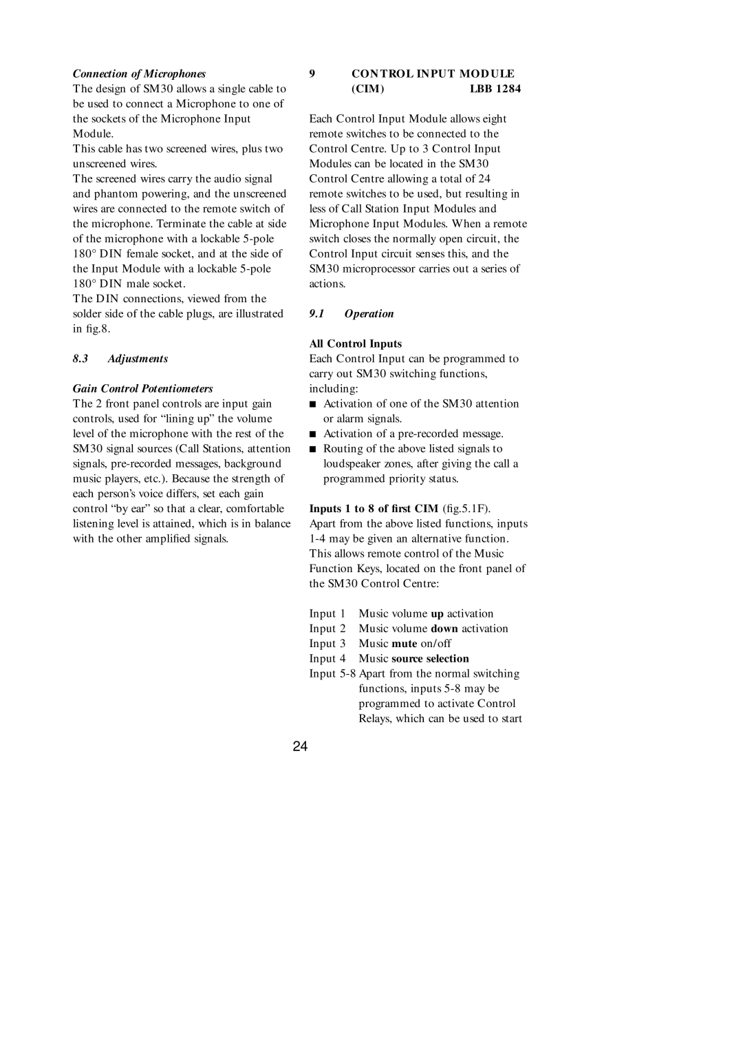 Philips SM30 Connection of Microphones, Adjustments Gain Control Potentiometers, Control Input Module, Cim, Operation 