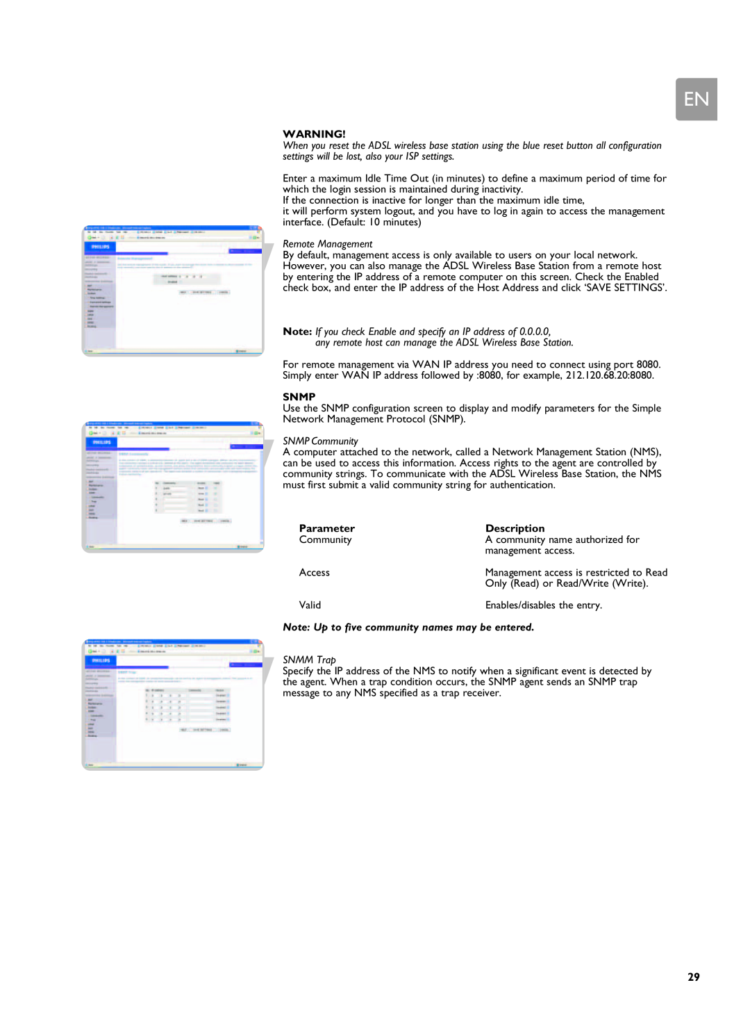 Philips SNA6500 user manual Remote Management, Snmp, SNMP Community, Parameter, Description, SNMM Trap 