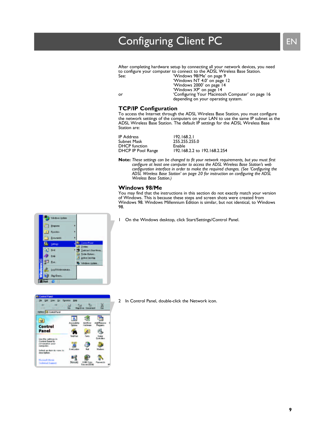 Philips SNA6500 user manual Configuring Client PC, TCP/IP Configuration, Windows 98/Me 