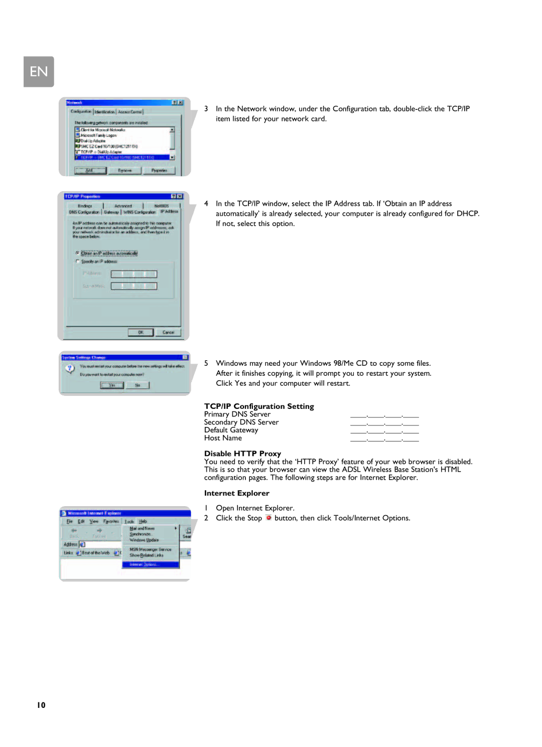 Philips SNA6500 user manual TCP/IP Configuration Setting, Disable Http Proxy, Internet Explorer 