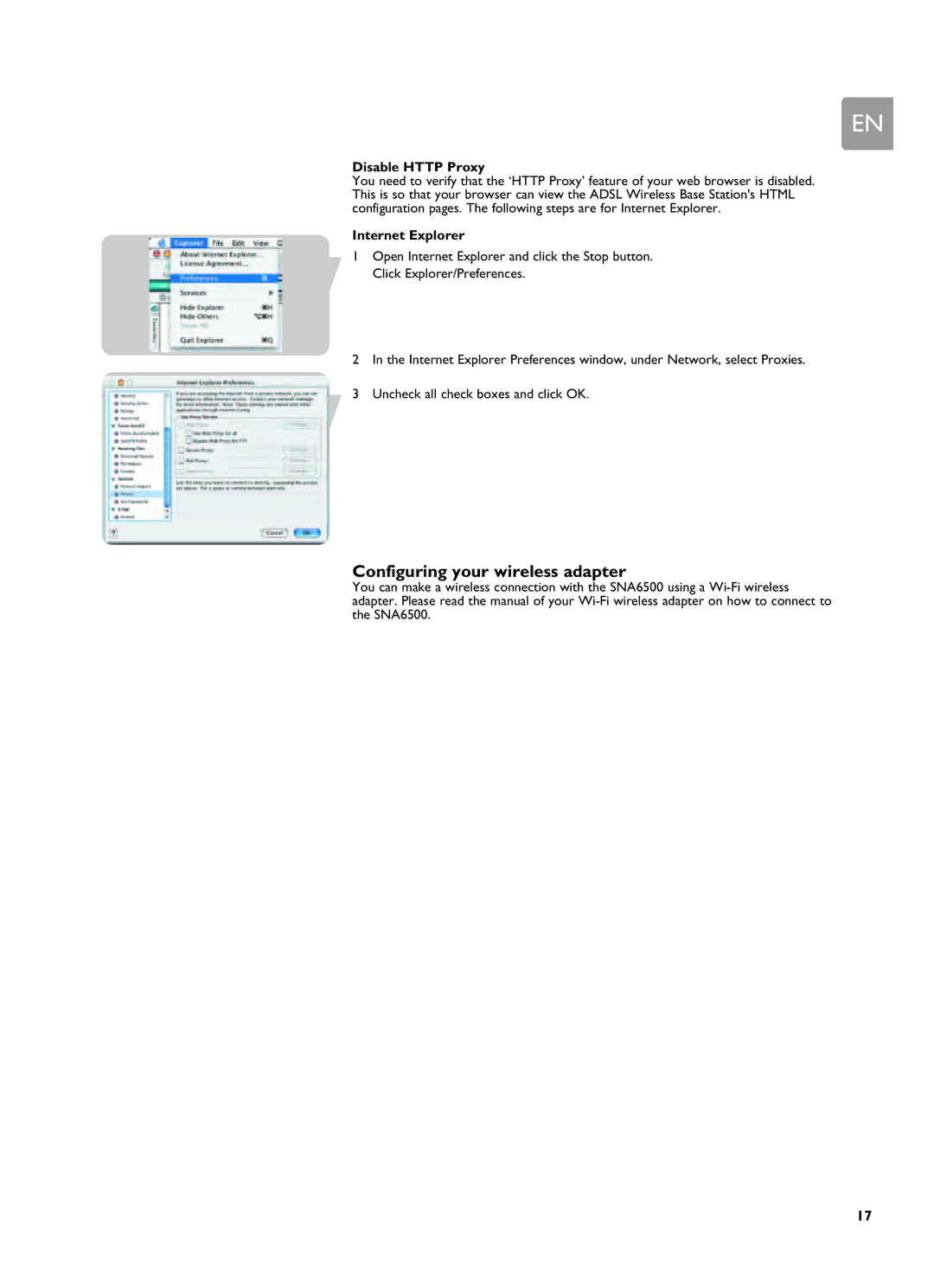 Philips SNA6500 user manual Configuring your wireless adapter, Internet Explorer 