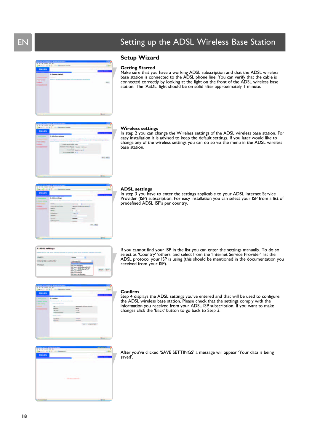 Philips SNA6500 user manual Setup Wizard, Getting Started, Wireless settings, Adsl settings, Confirm 