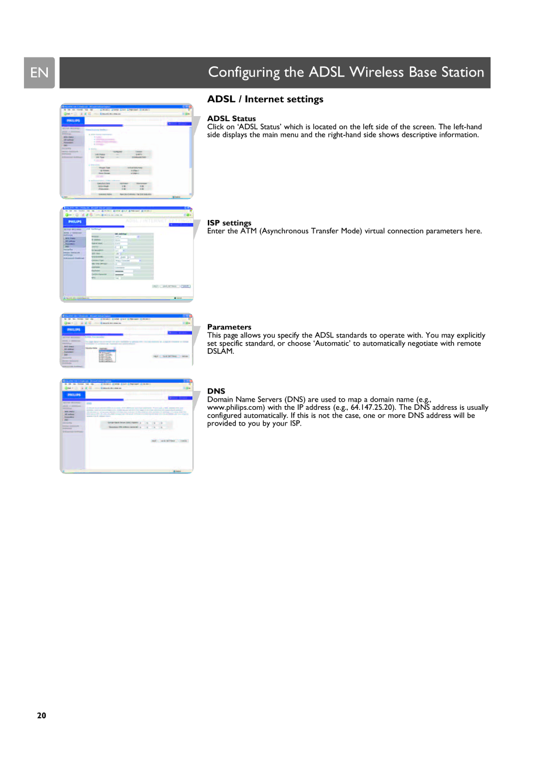 Philips SNA6500 user manual Adsl / Internet settings, Adsl Status, ISP settings, Parameters 