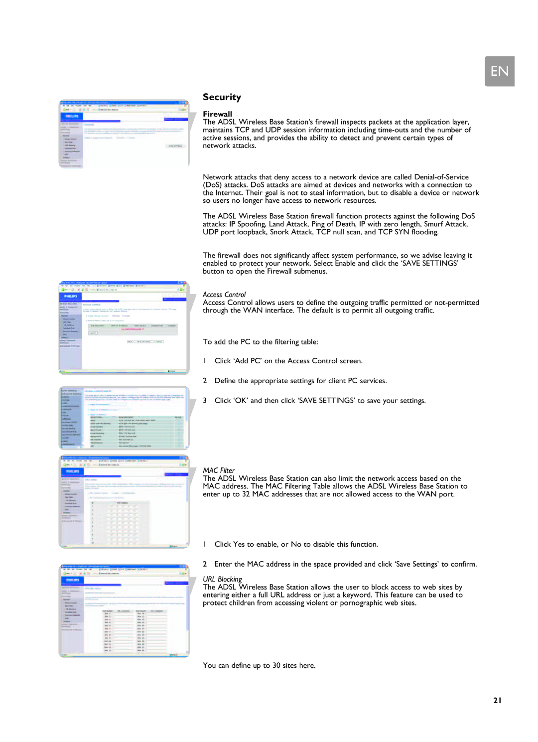 Philips SNA6500 user manual Firewall, Access Control, MAC Filter, URL Blocking, You can define up to 30 sites here 