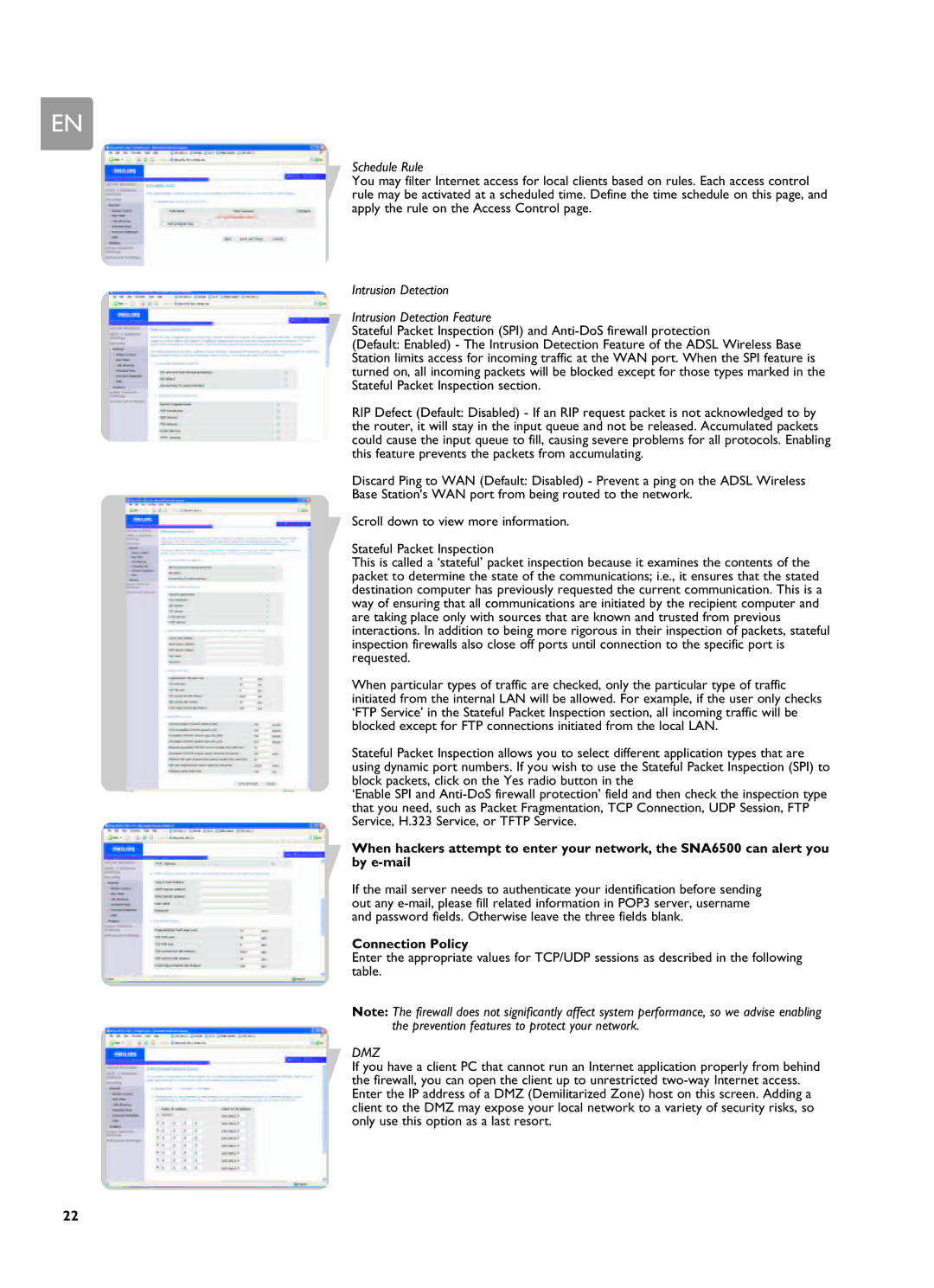 Philips SNA6500 user manual Schedule Rule, Intrusion Detection Intrusion Detection Feature, Connection Policy 