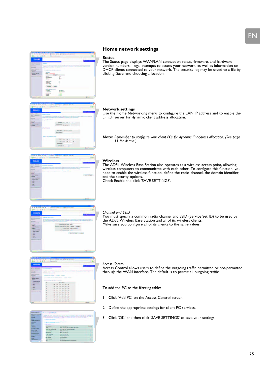 Philips SNA6500 user manual Home network settings, Status, Network settings, Wireless, Channel and Ssid 