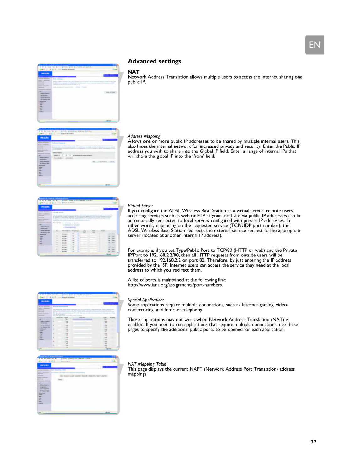 Philips SNA6500 user manual Advanced settings, Address Mapping, Virtual Server, Special Applications, NAT Mapping Table 