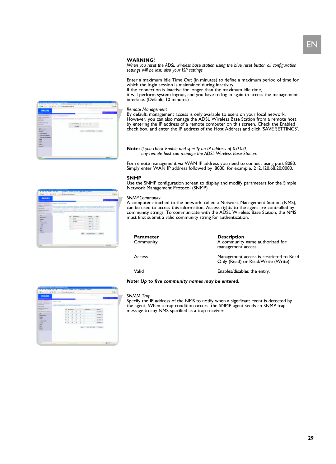 Philips SNA6500 user manual Remote Management, Snmp Community, Parameter Description, Snmm Trap 