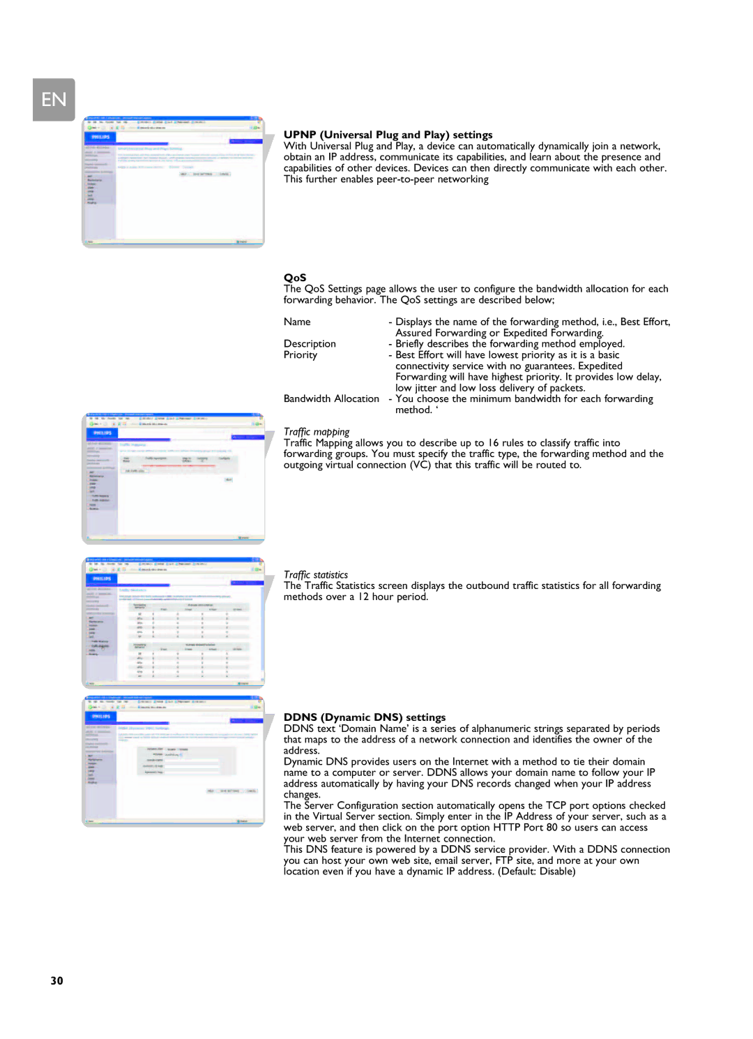 Philips SNA6500 Upnp Universal Plug and Play settings, QoS, Traffic mapping, Traffic statistics, Ddns Dynamic DNS settings 