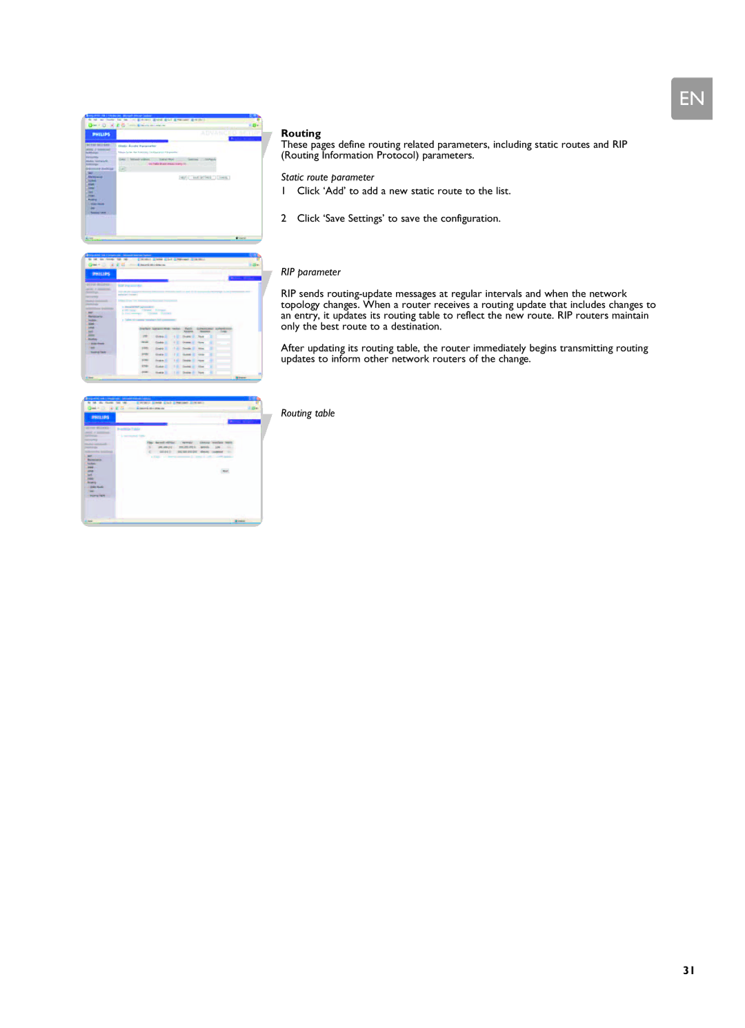 Philips SNA6500 user manual Static route parameter, RIP parameter, Routing table 