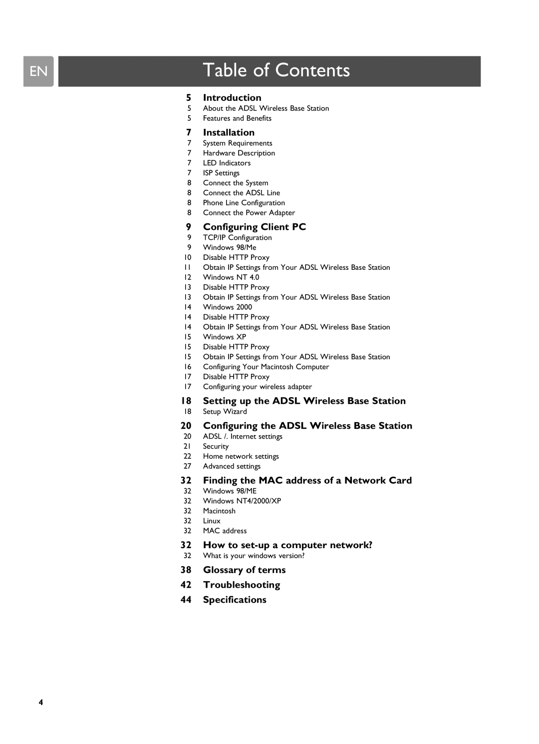 Philips SNA6500 user manual Table of Contents 