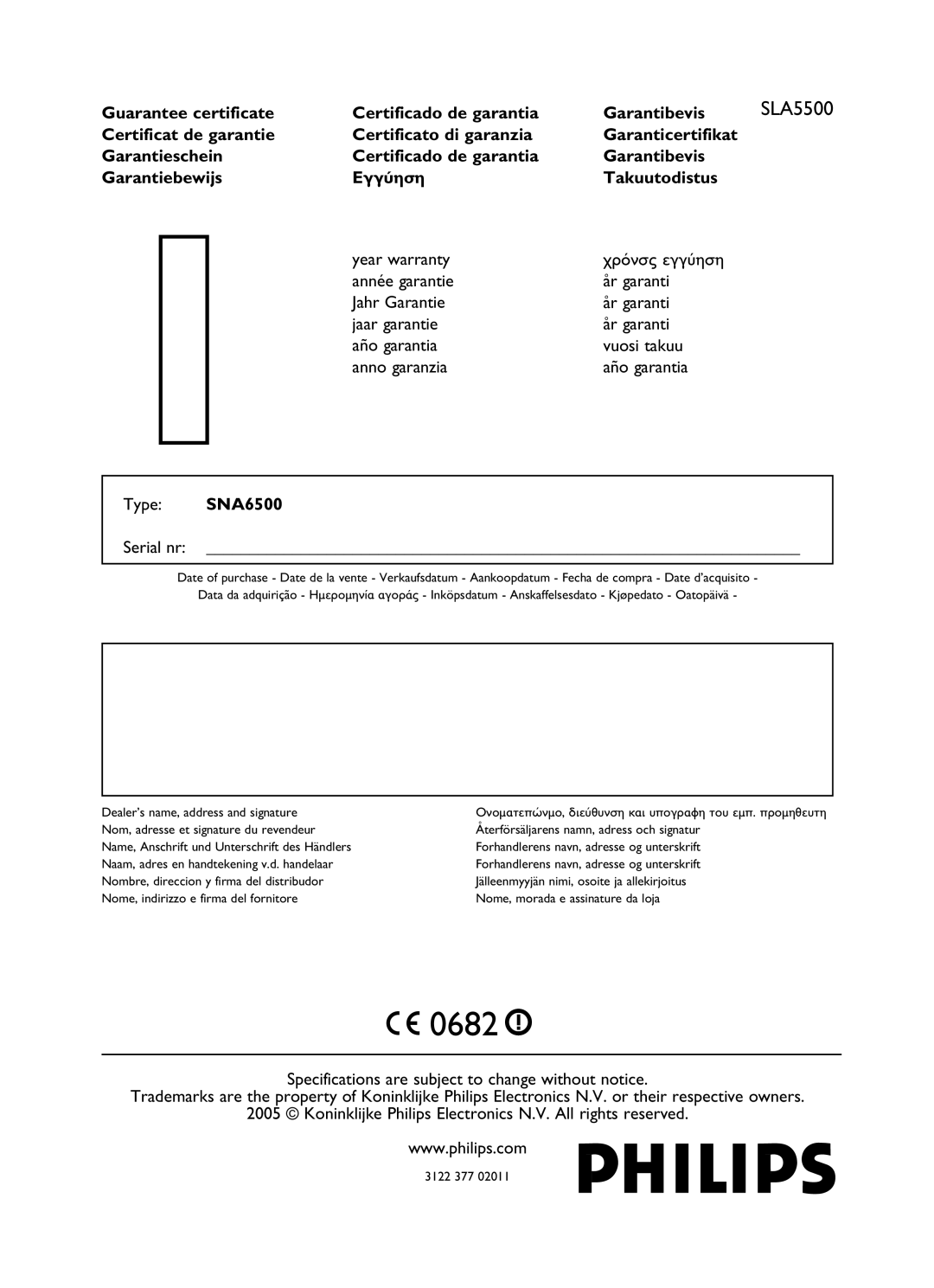 Philips SNA6500 user manual SLA5500, Guarantee certificate Certificado de garantia Garantibevis 