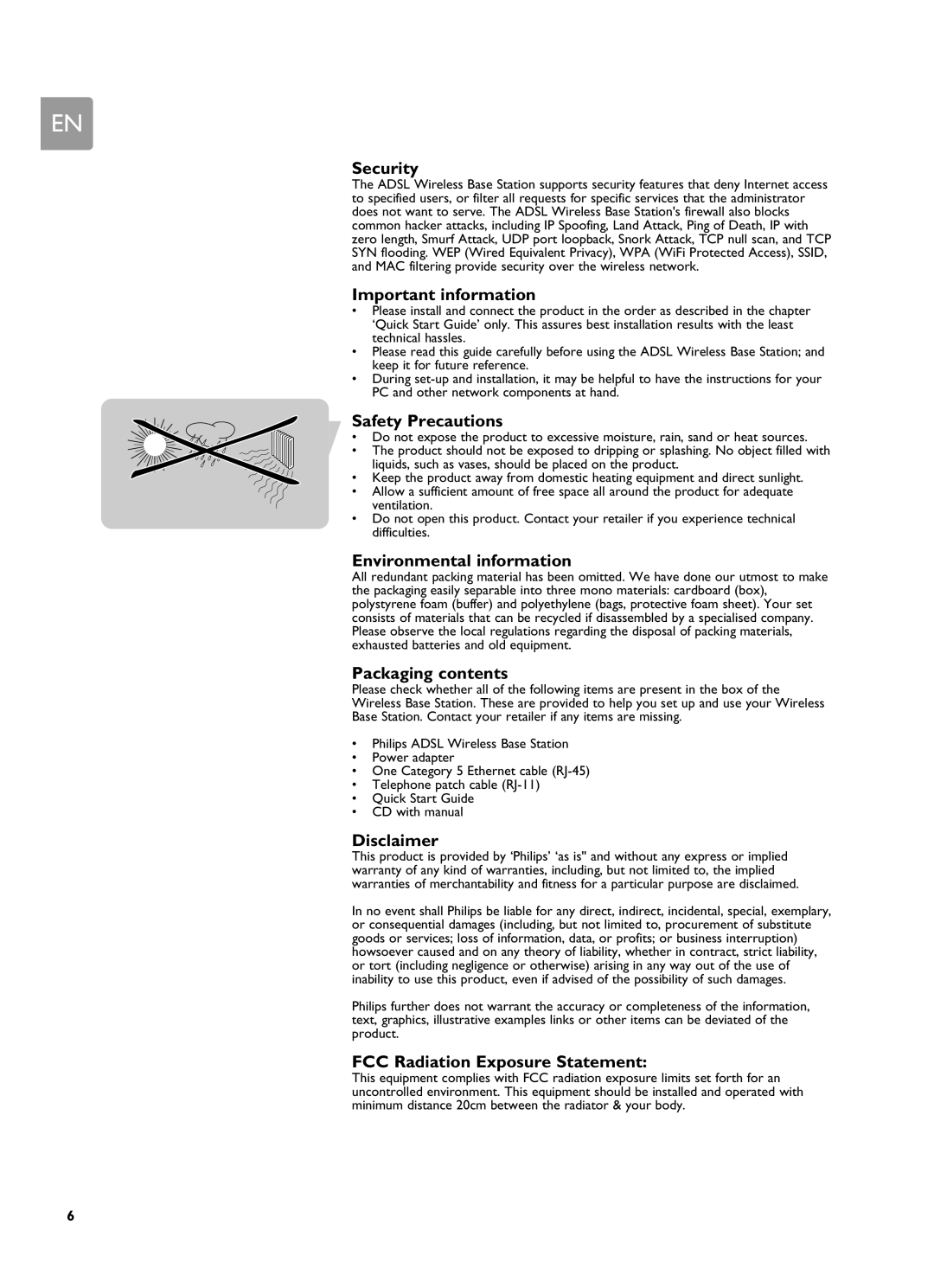 Philips SNA6500 Security, Important information, Safety Precautions, Environmental information, Packaging contents 