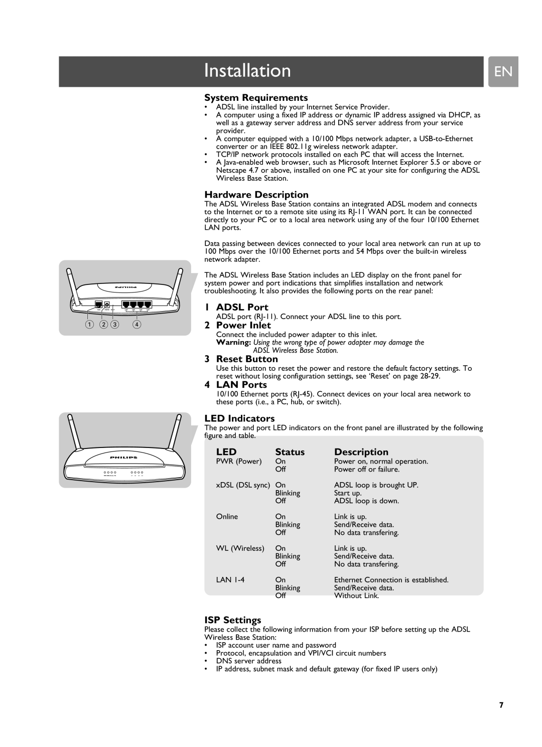 Philips SNA6500 user manual System Requirements, Hardware Description, LED Indicators, Status Description, ISP Settings 