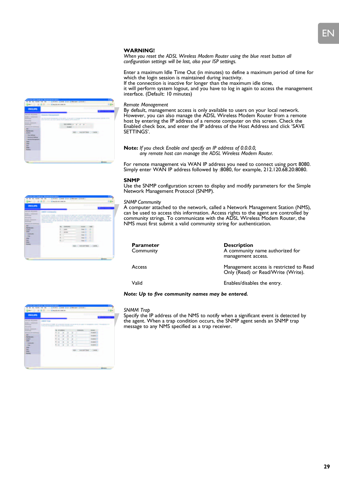 Philips SNA6640 user manual Remote Management, Snmp, SNMP Community, Parameter, Description, SNMM Trap 