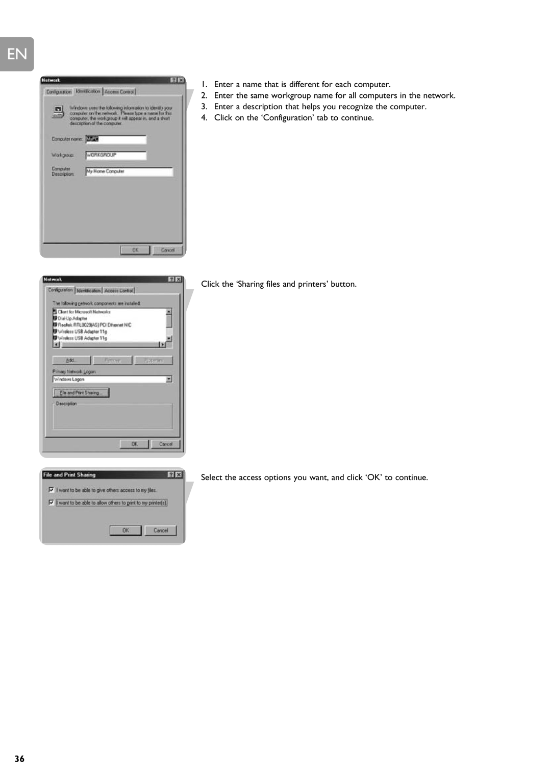 Philips SNA6640 user manual Click on the ‘Configuration’ tab to continue, Click the ‘Sharing files and printers’ button 