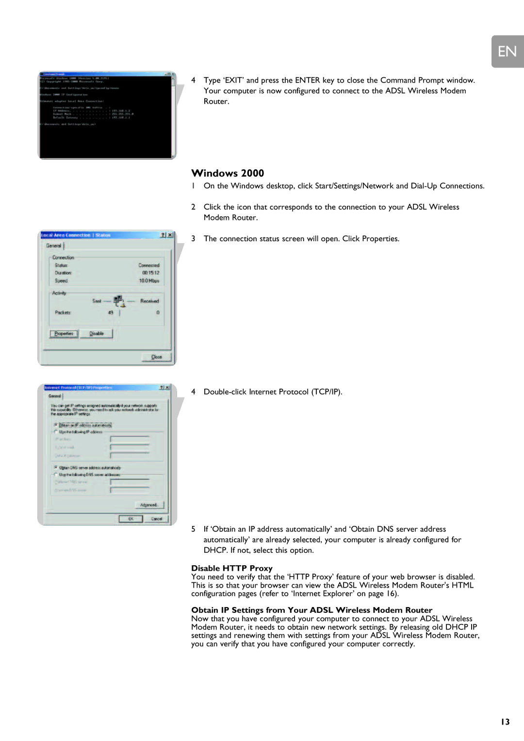 Philips SNA6640 user manual Windows, Obtain IP Settings from Your Adsl Wireless Modem Router 