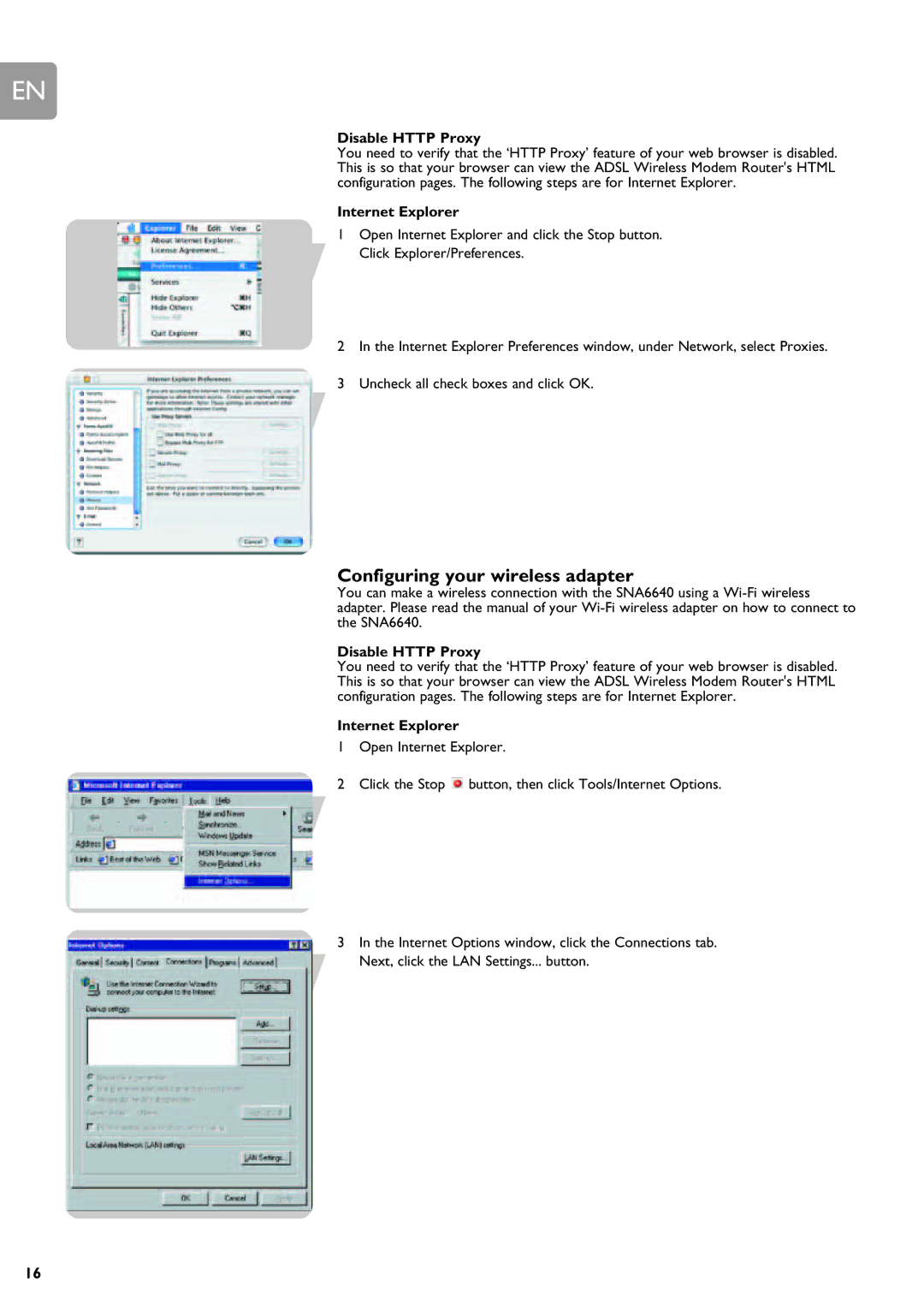 Philips SNA6640 user manual Configuring your wireless adapter, Internet Explorer 