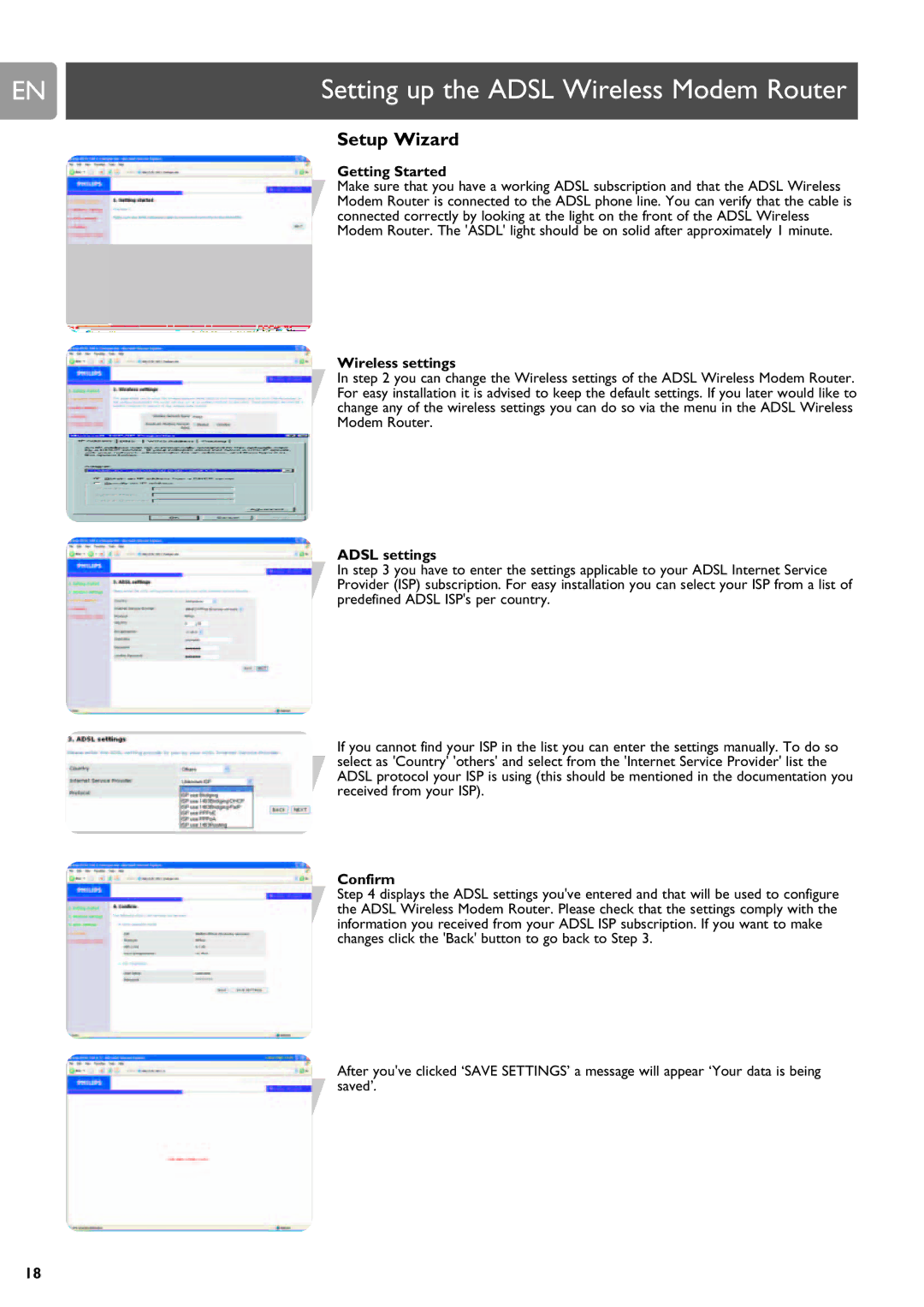 Philips SNA6640 user manual Setup Wizard, Getting Started, Wireless settings, Adsl settings, Confirm 