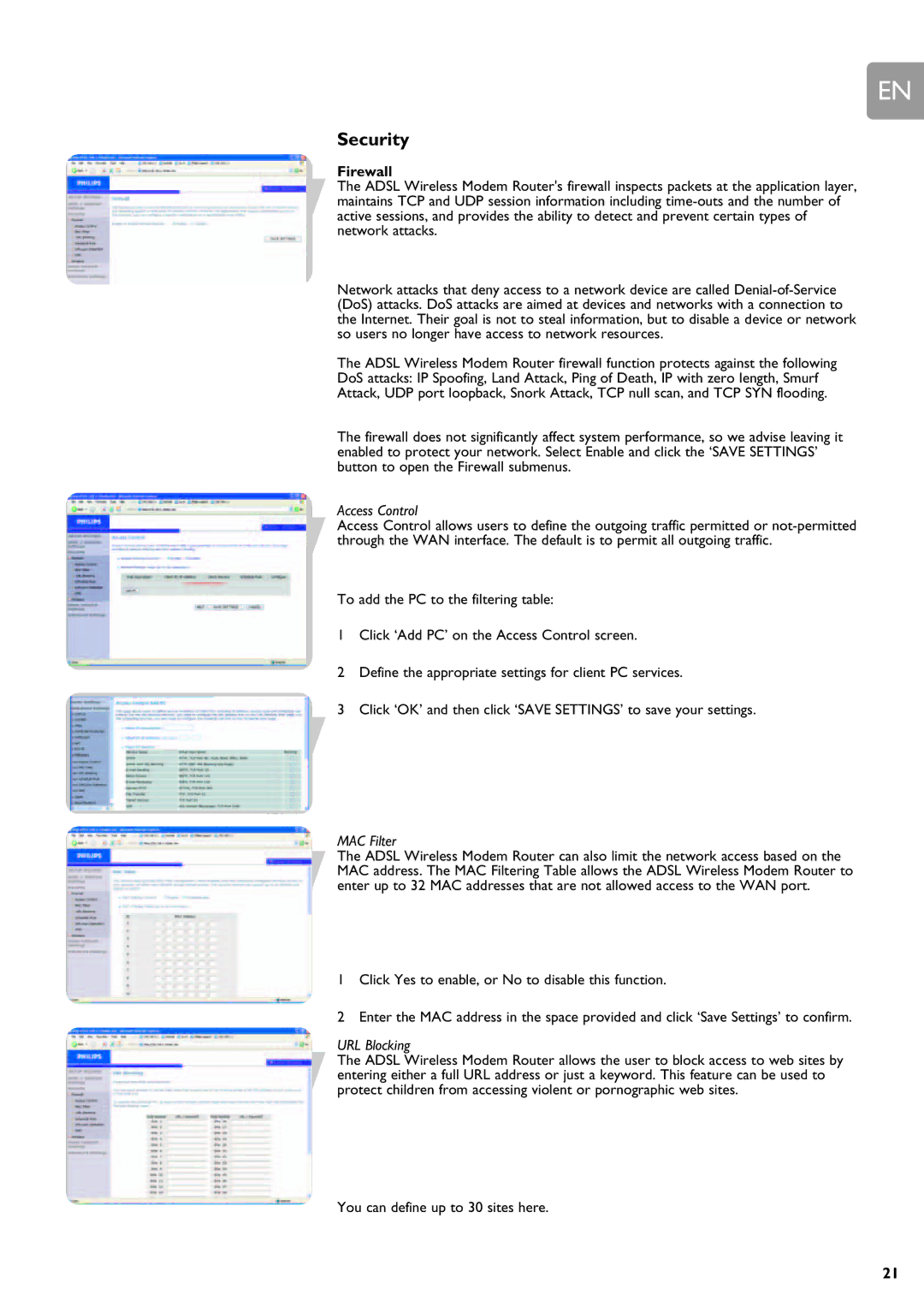 Philips SNA6640 user manual Firewall, Access Control, MAC Filter, URL Blocking 