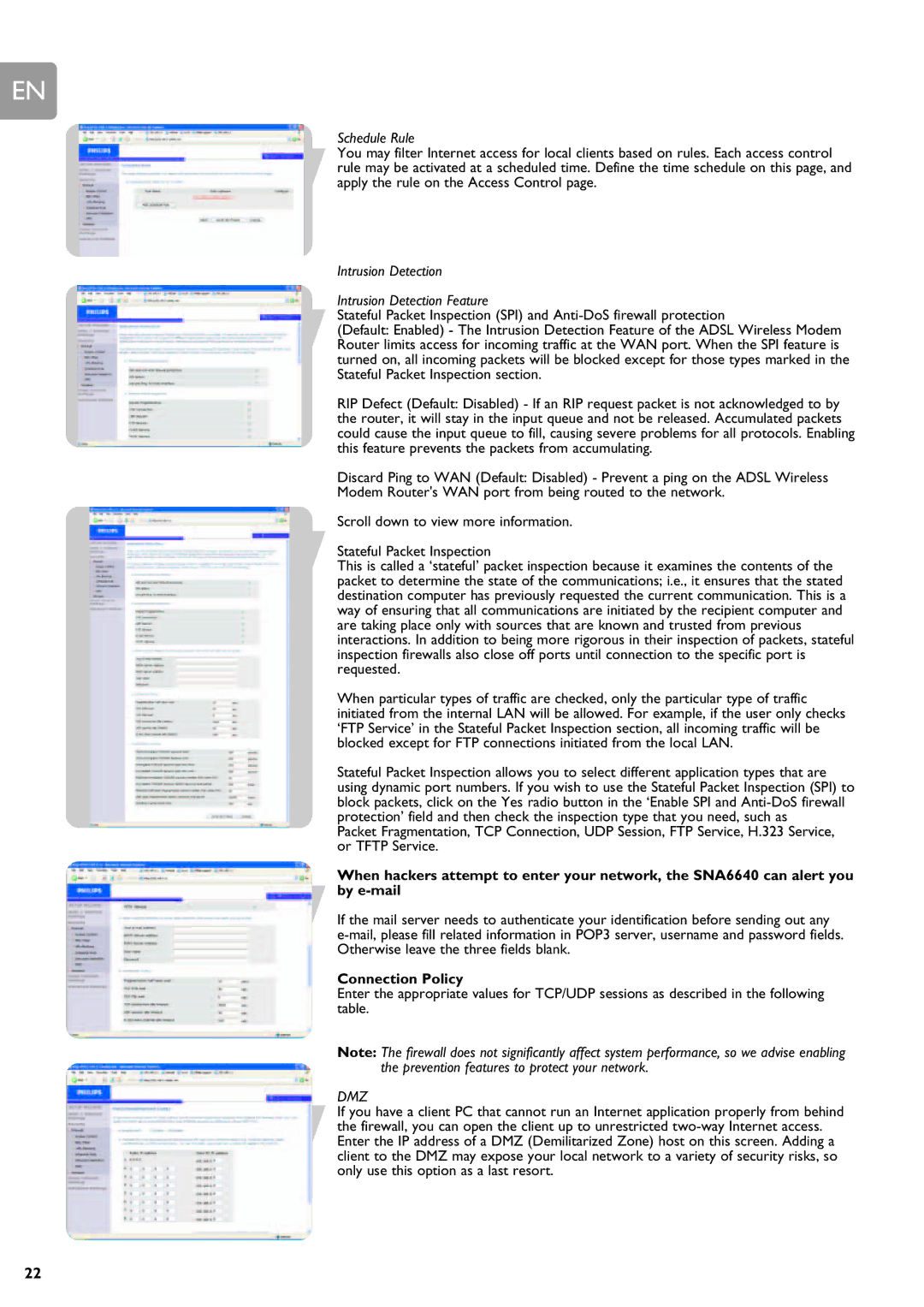 Philips SNA6640 user manual Schedule Rule, Intrusion Detection Intrusion Detection Feature, Connection Policy 