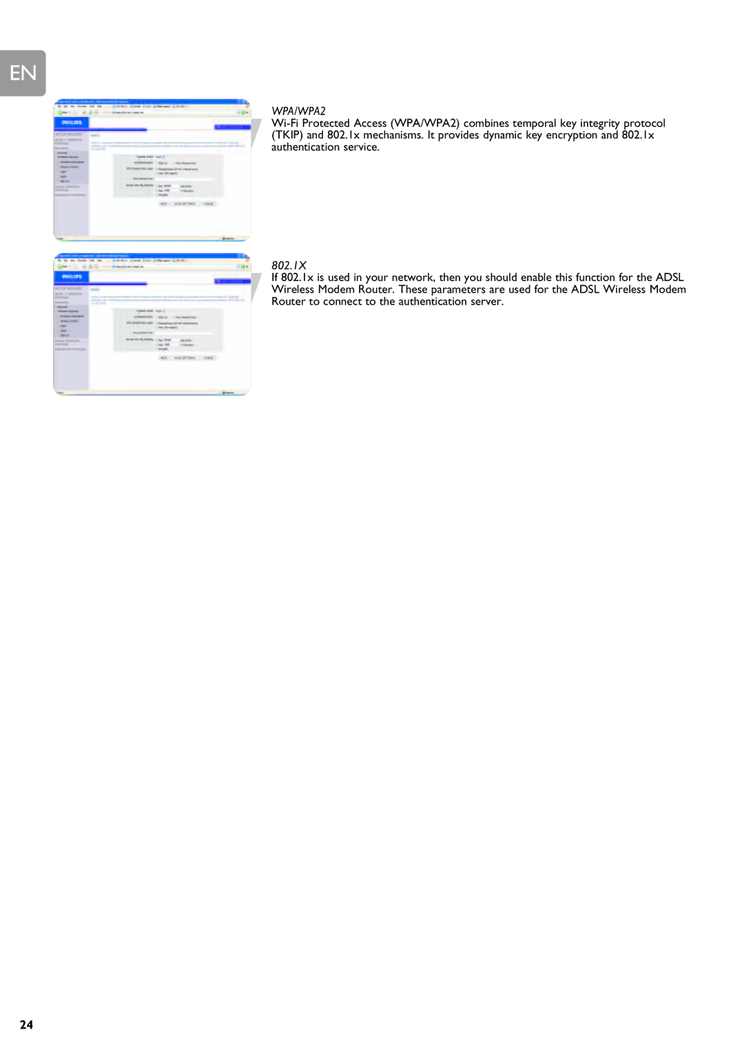 Philips SNA6640 user manual WPA/WPA2, 802.1X 