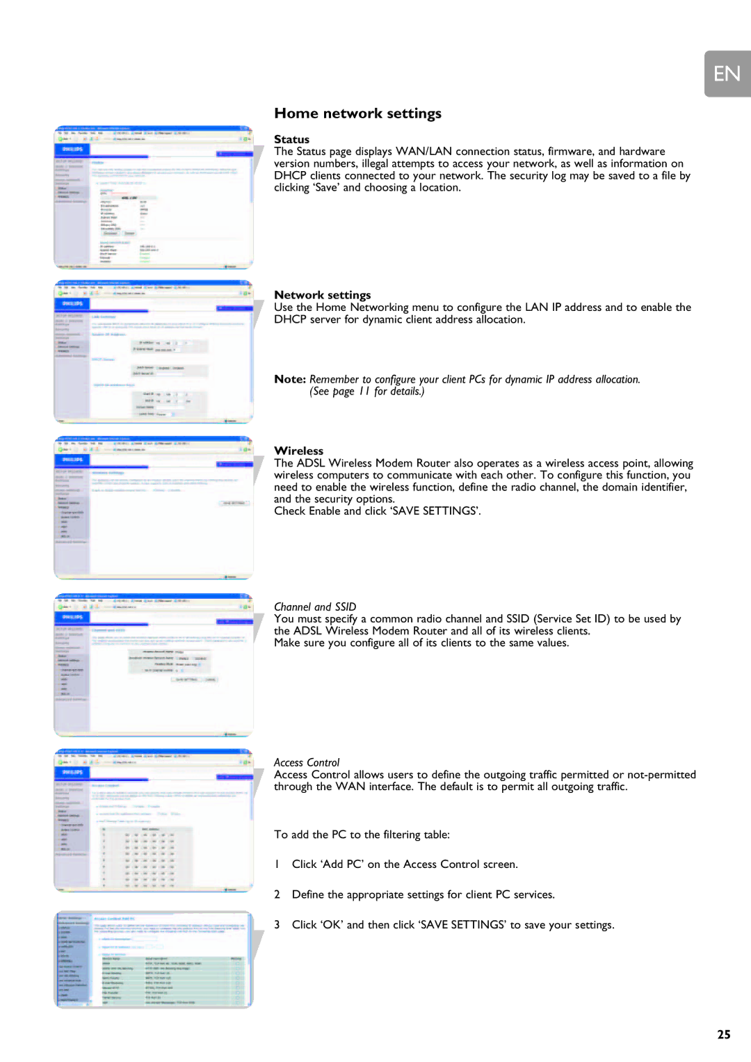 Philips SNA6640 user manual Home network settings, Status, Network settings, Wireless, Channel and Ssid 