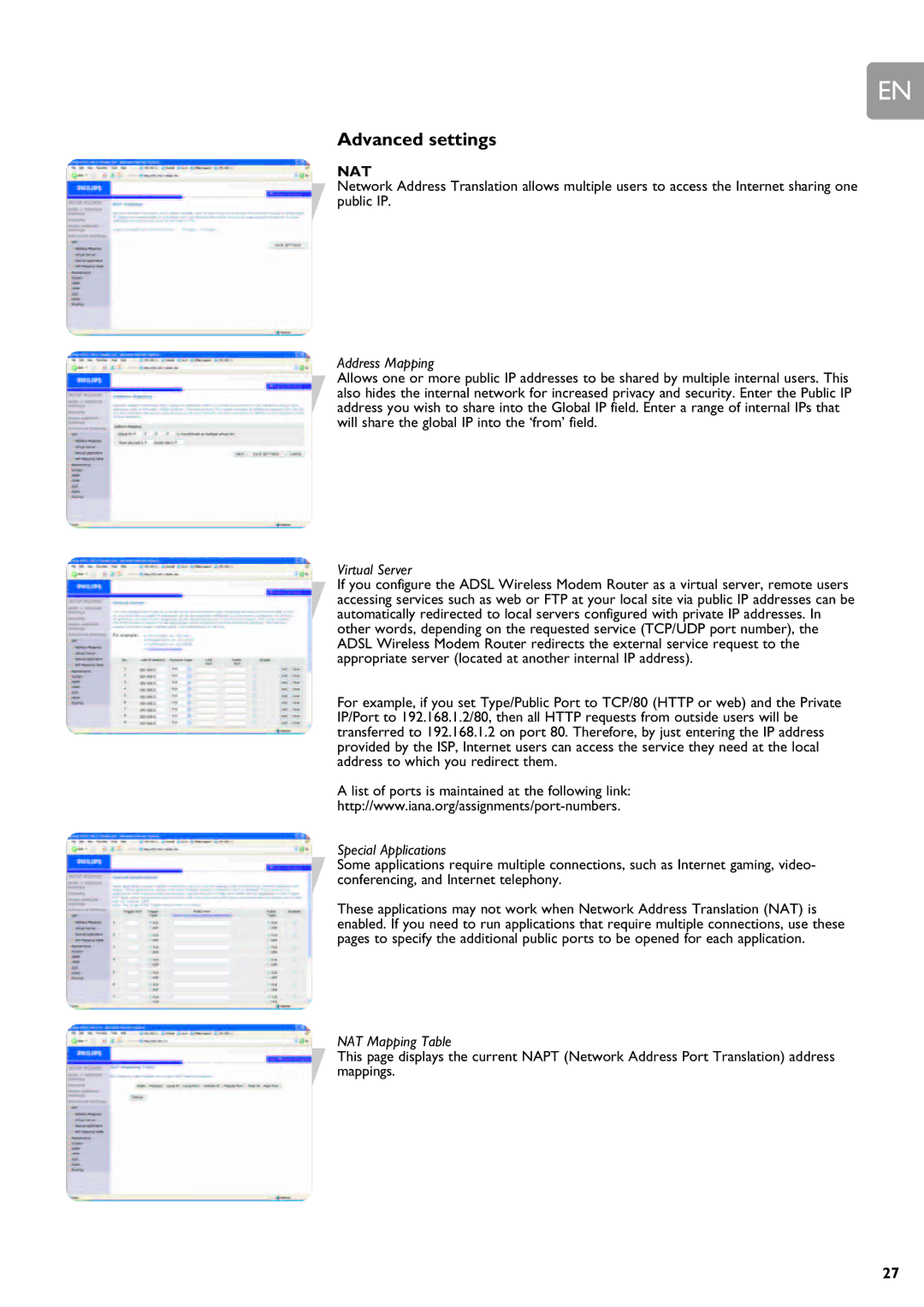 Philips SNA6640 user manual Advanced settings, Address Mapping, Virtual Server, Special Applications, NAT Mapping Table 