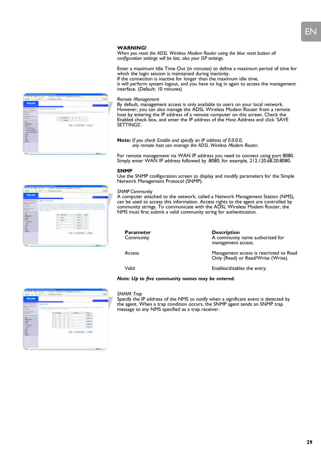 Philips SNA6640 Remote Management, Any remote host can manage the Adsl Wireless Modem Router, Snmp Community, Snmm Trap 