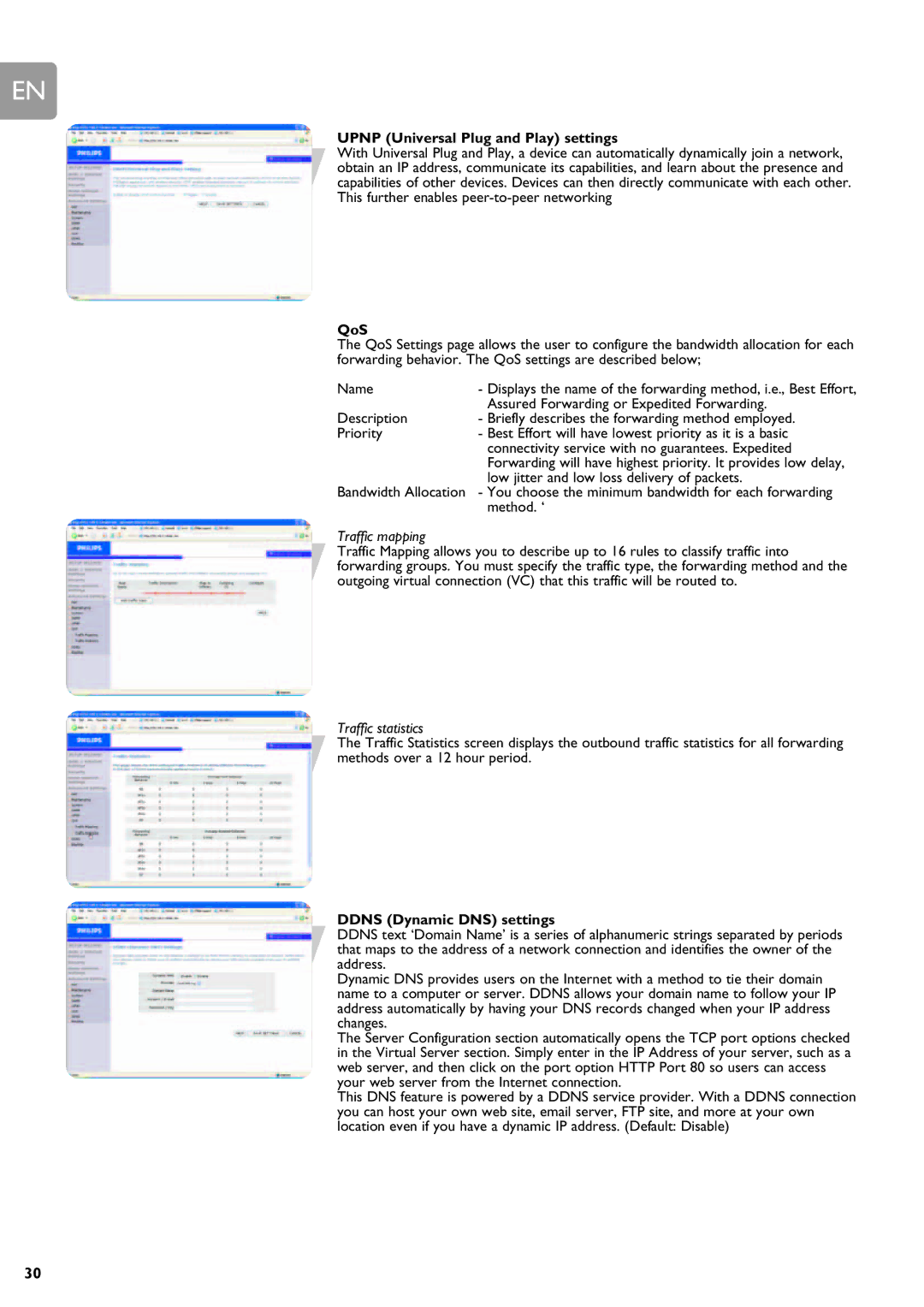 Philips SNA6640 Upnp Universal Plug and Play settings, QoS, Traffic mapping, Traffic statistics, Ddns Dynamic DNS settings 