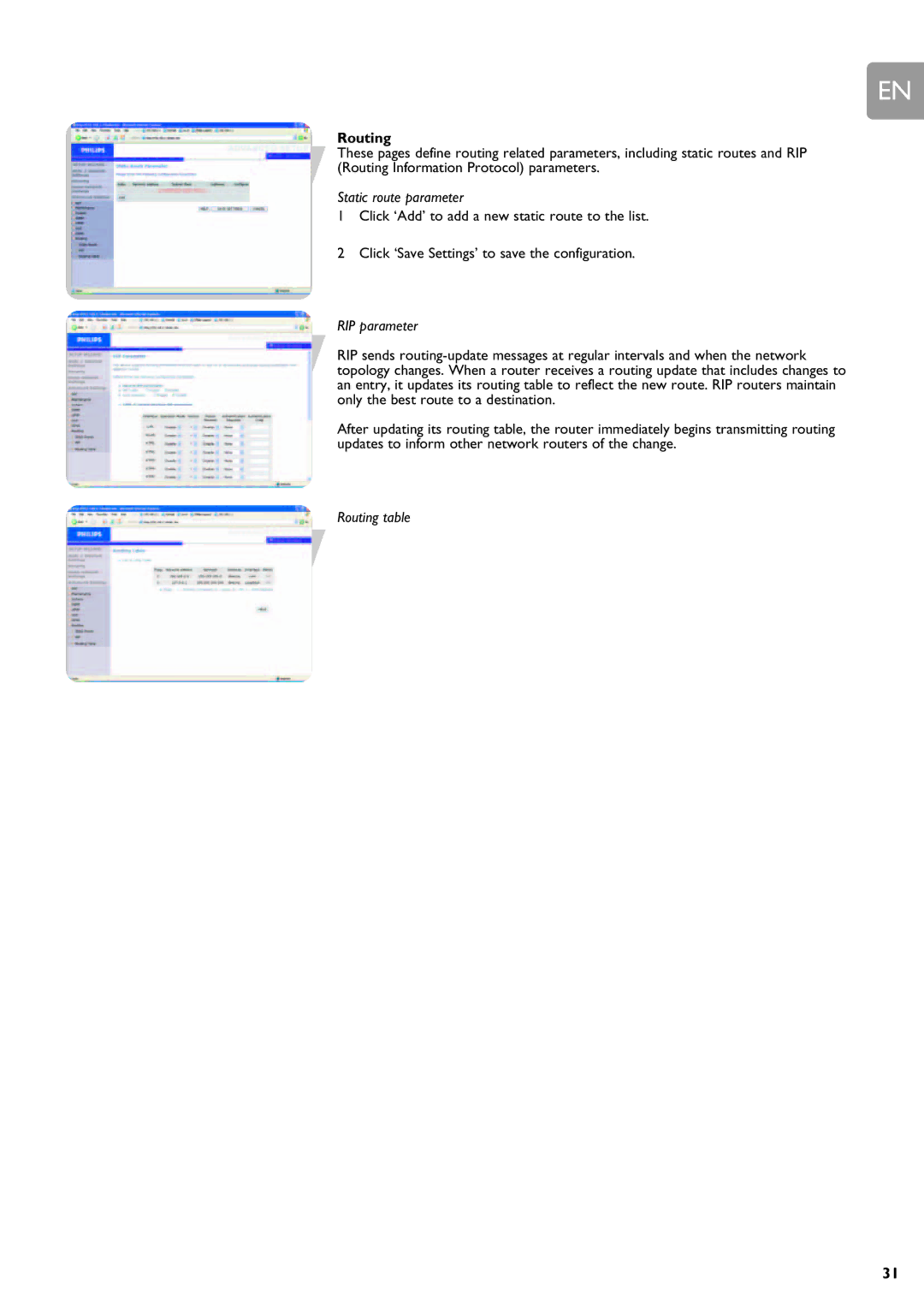 Philips SNA6640 user manual Static route parameter, RIP parameter, Routing table 