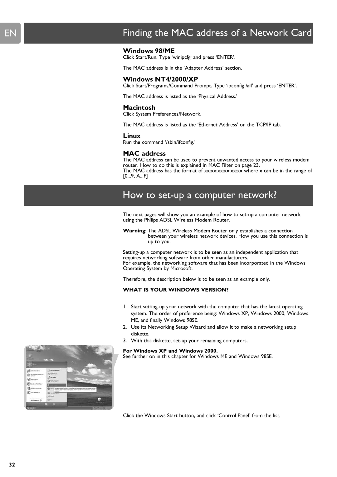 Philips SNA6640 user manual Windows NT4/2000/XP, Macintosh, Linux, MAC address, For Windows XP and Windows 