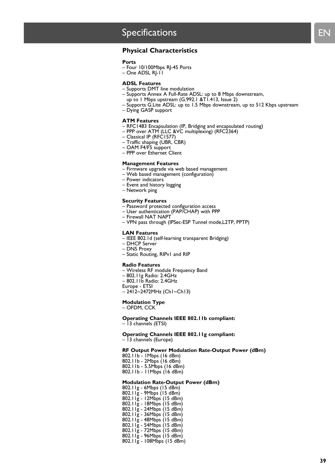 Philips SNA6640 user manual Physical Characteristics 