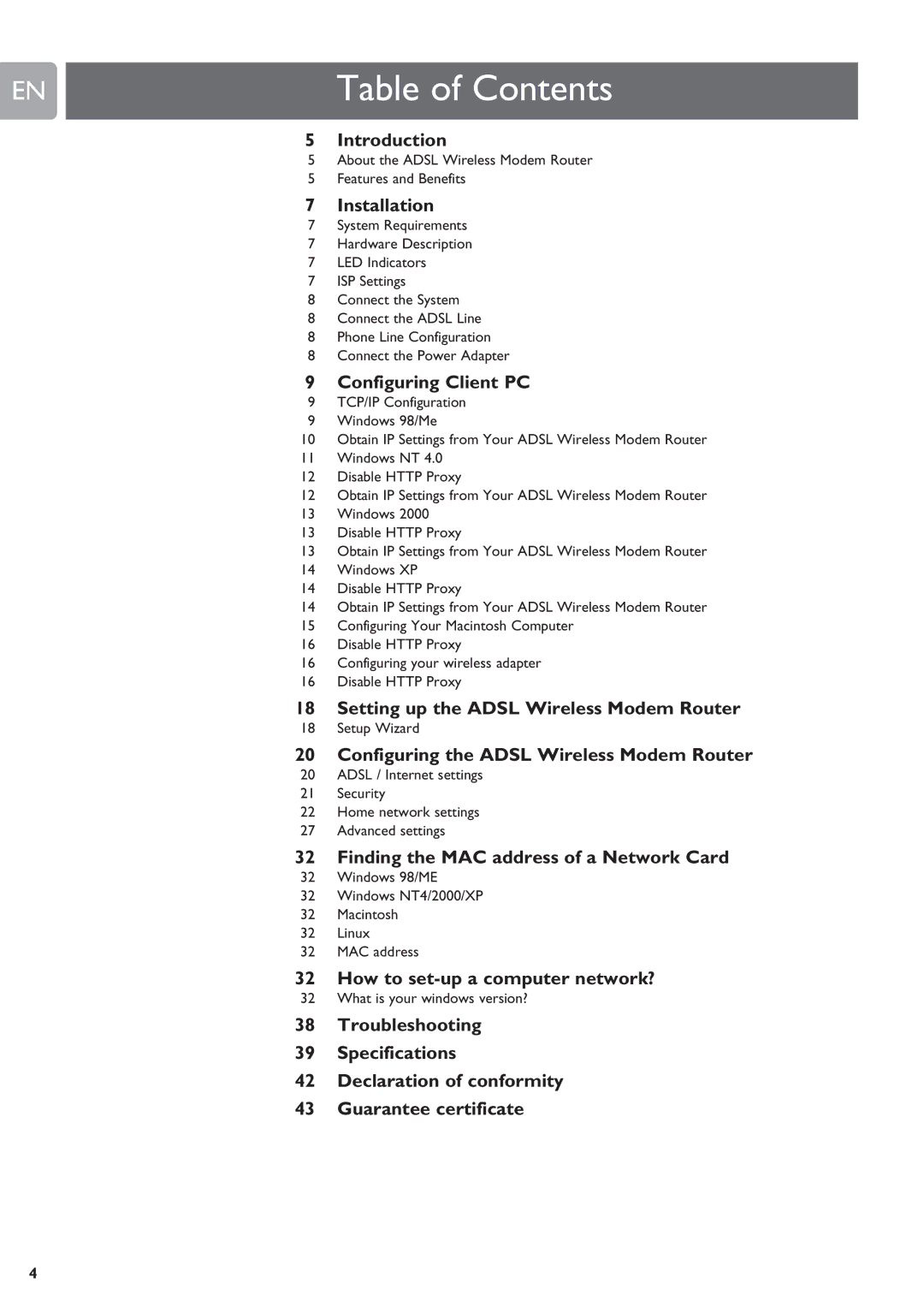 Philips SNA6640 user manual Table of Contents 