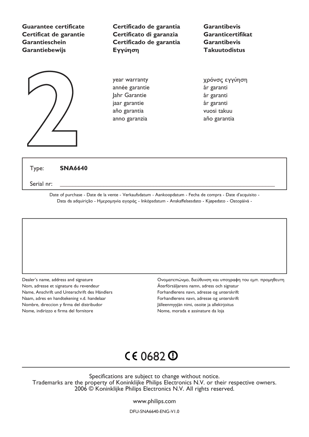 Philips user manual Type SNA6640, Serial nr 