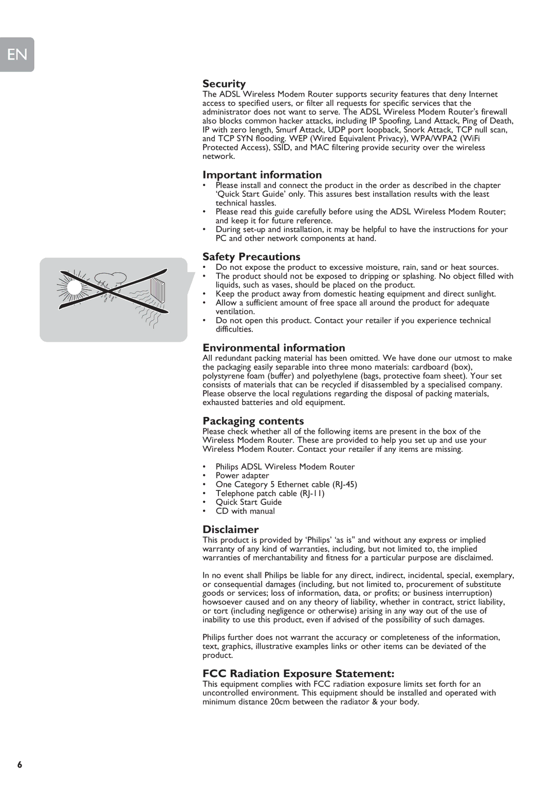 Philips SNA6640 Security, Important information, Safety Precautions, Environmental information, Packaging contents 