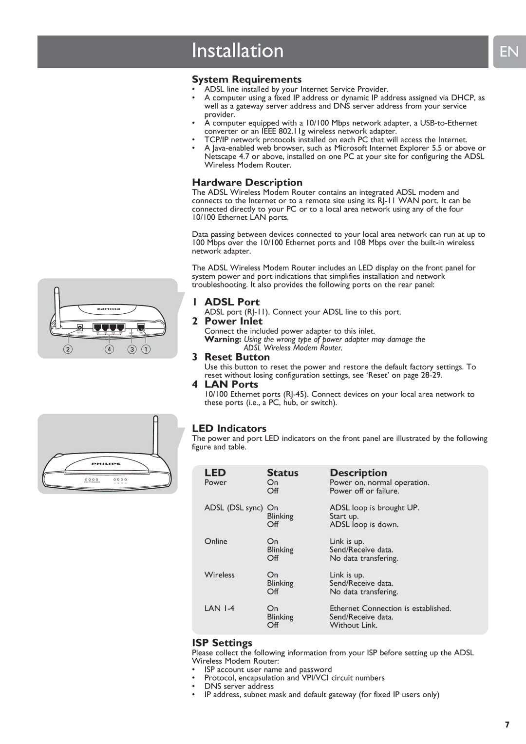 Philips SNA6640 user manual System Requirements, Hardware Description, LED Indicators, Status Description, ISP Settings 