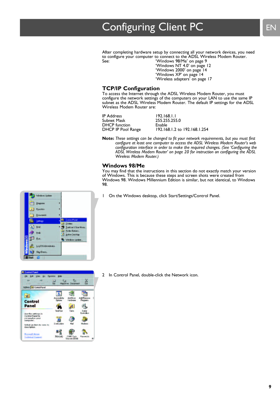 Philips SNA6640 user manual TCP/IP Configuration, Windows 98/Me 