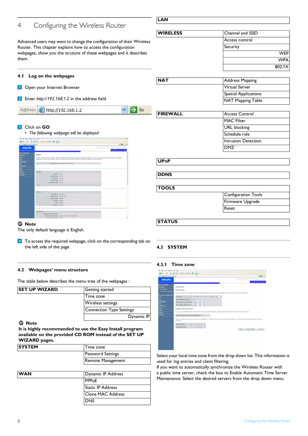 Philips SNB5600 manual Configuring the Wireless Router, Log on the webpages, Webpages’ menu structure, UPnP, Time zone 