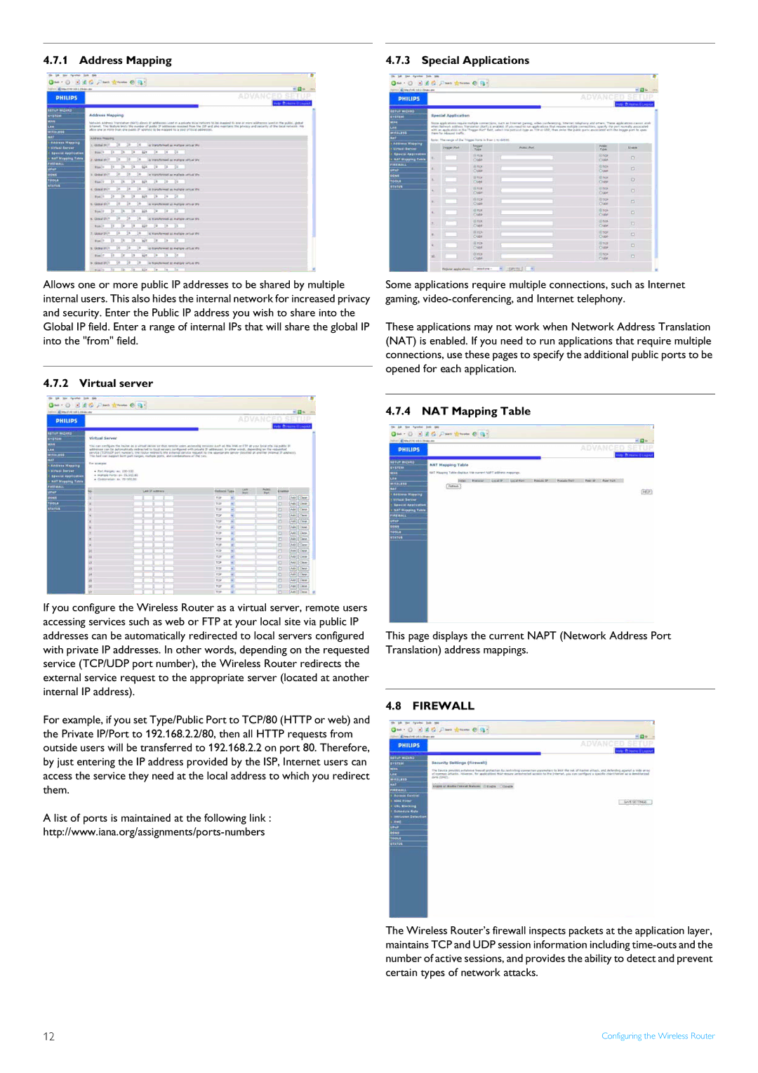 Philips SNB5600 manual Address Mapping Special Applications, Virtual server, NAT Mapping Table 