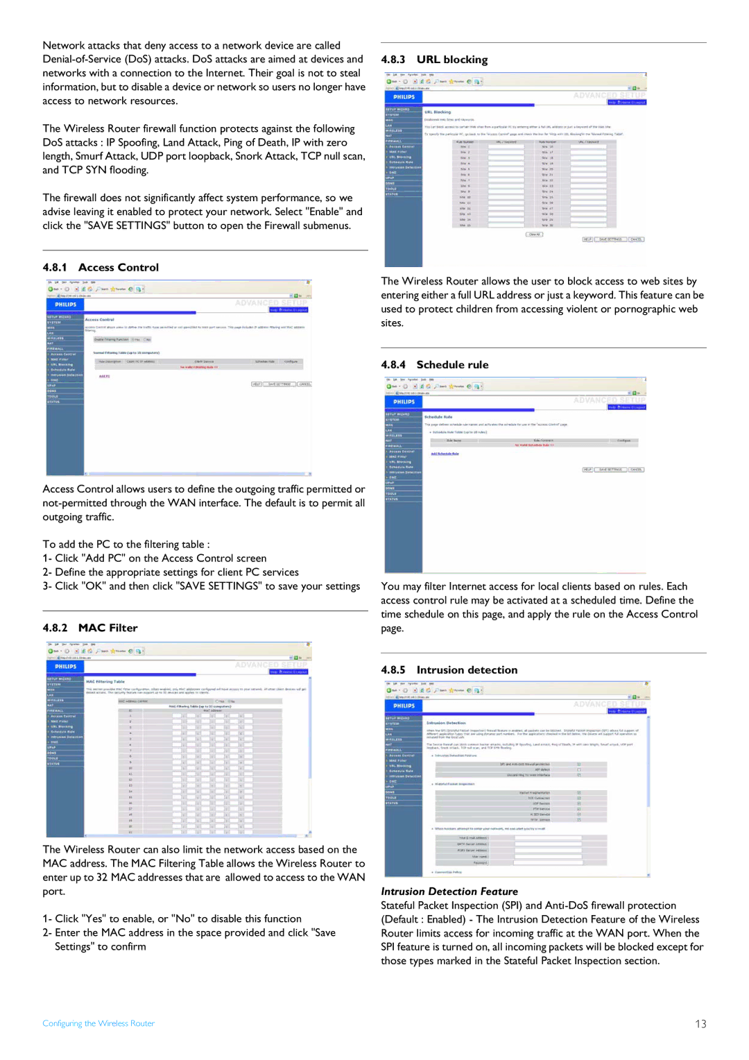 Philips SNB5600 manual MAC Filter, URL blocking, Schedule rule, Intrusion detection 