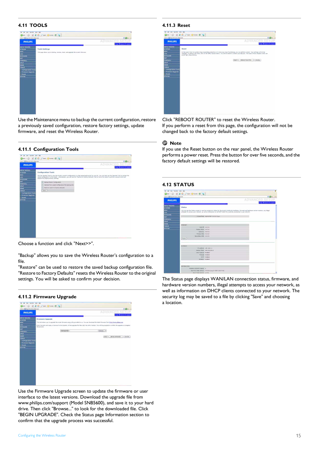 Philips SNB5600 manual Tools Reset, Configuration Tools, Firmware Upgrade 