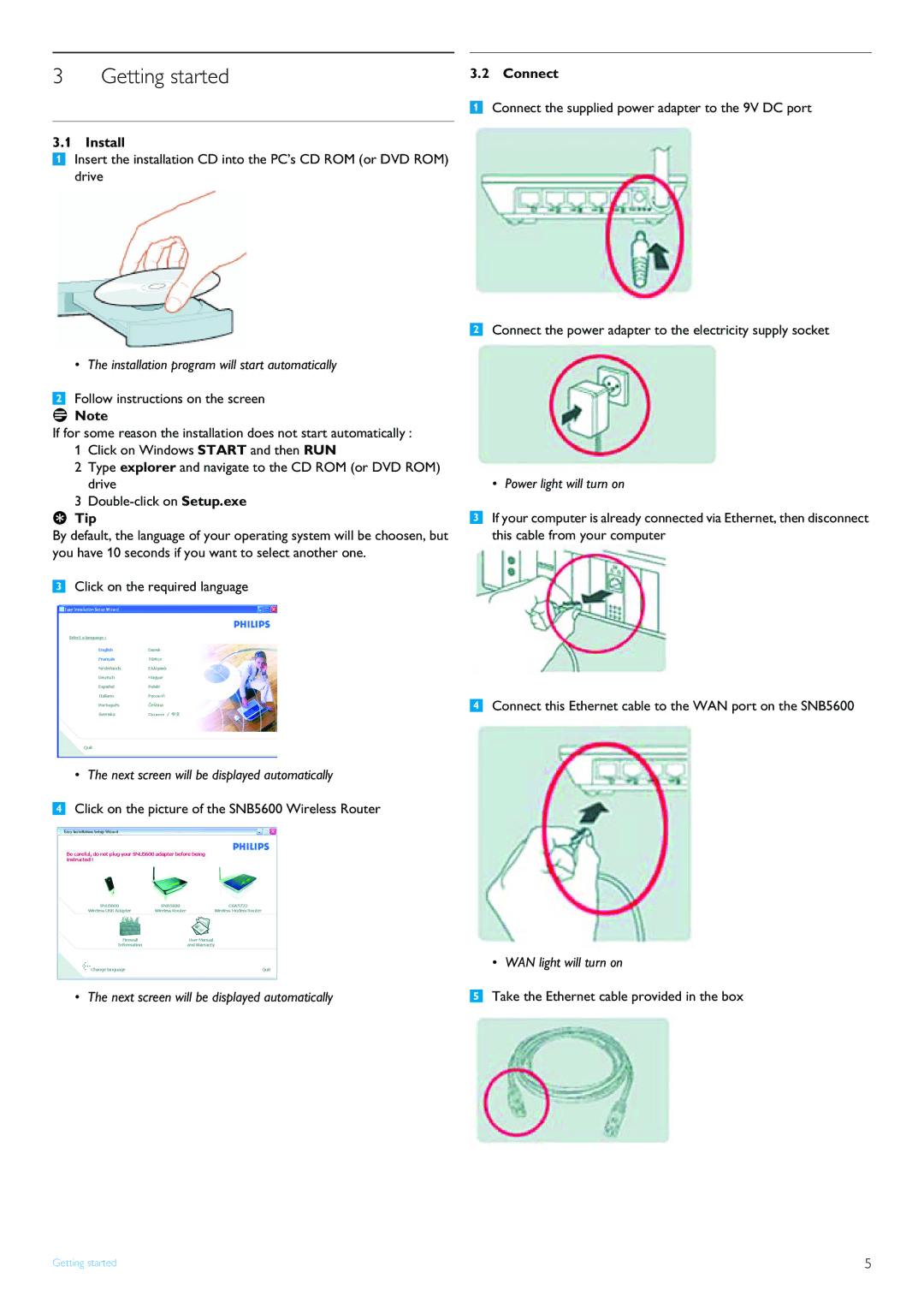 Philips SNB5600 manual Getting started, Connect, Install 