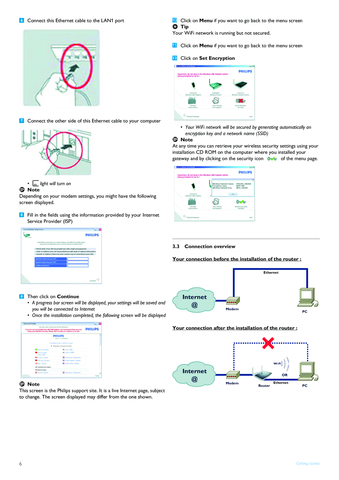 Philips SNB5600 manual Tip, Click on Set Encryption, Your connection after the installation of the router 