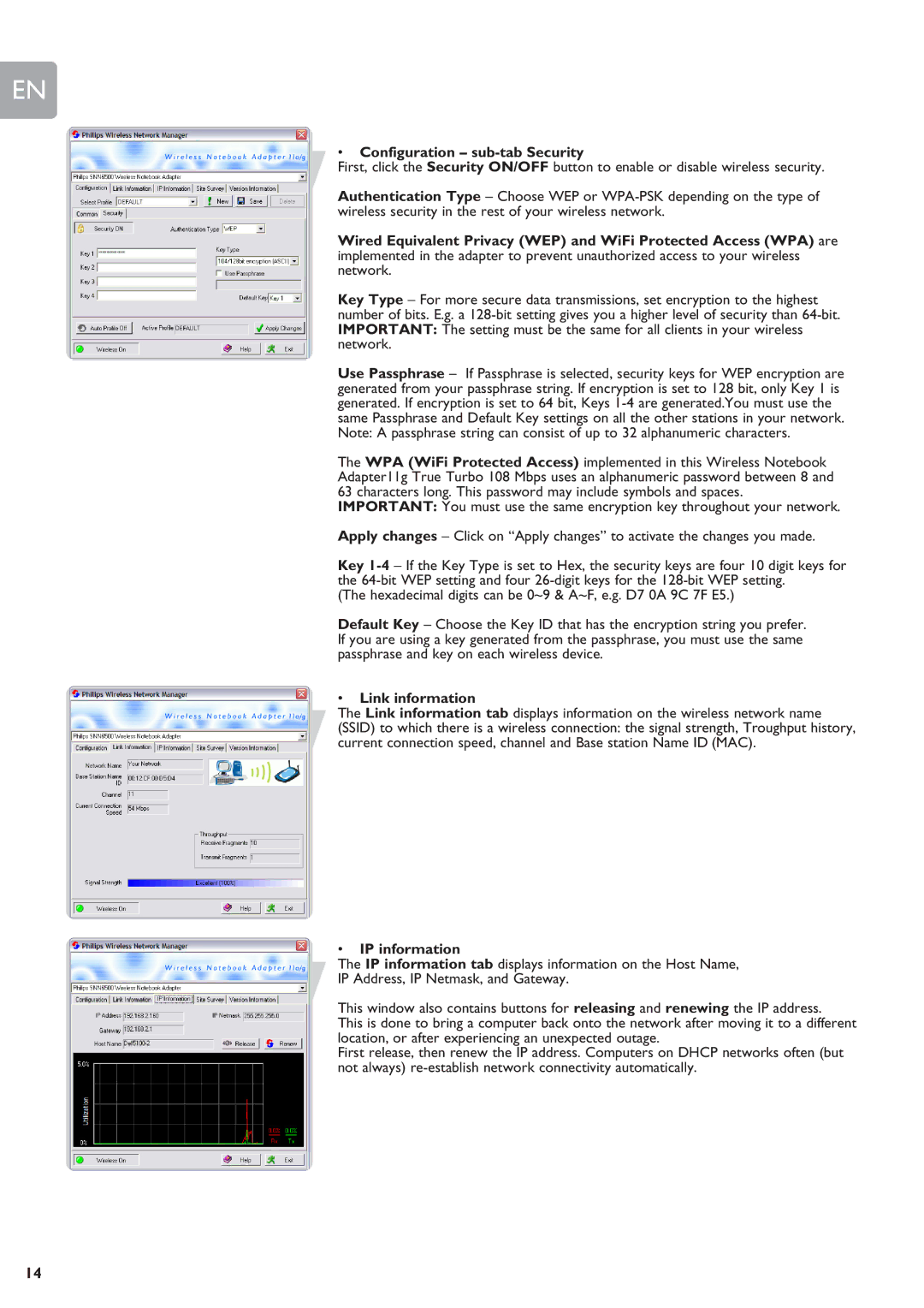 Philips SNN6500 user manual Configuration sub-tab Security, Link information, IP information 