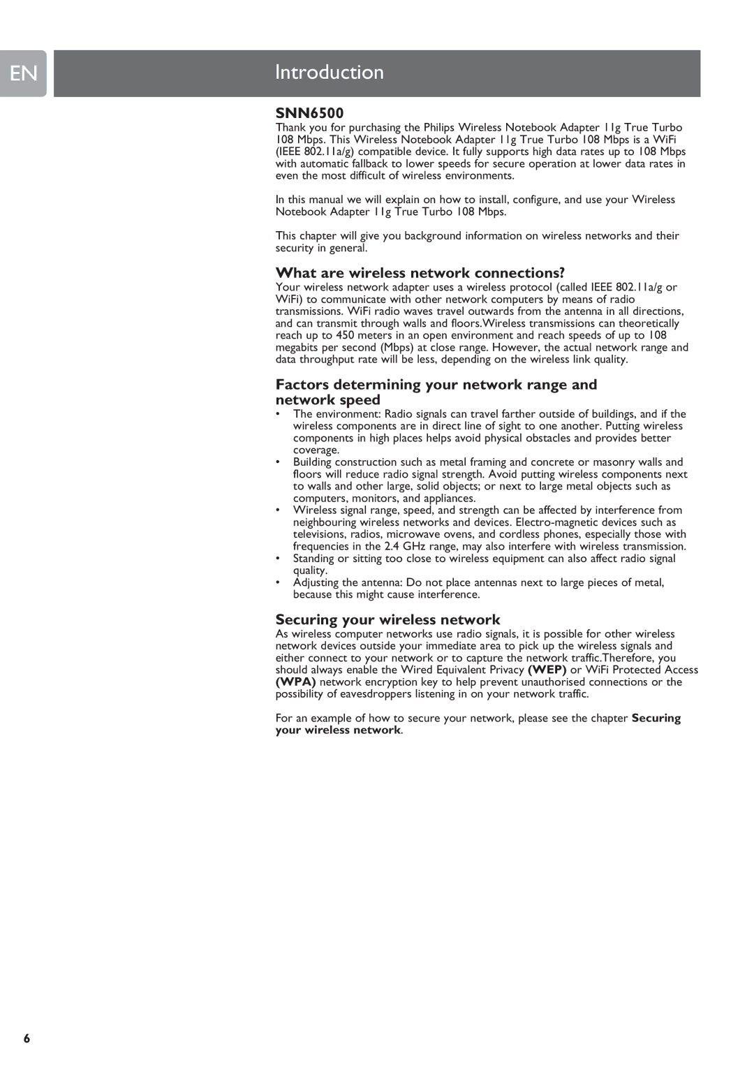 Philips SNN6500 user manual Introduction, What are wireless network connections?, Securing your wireless network 