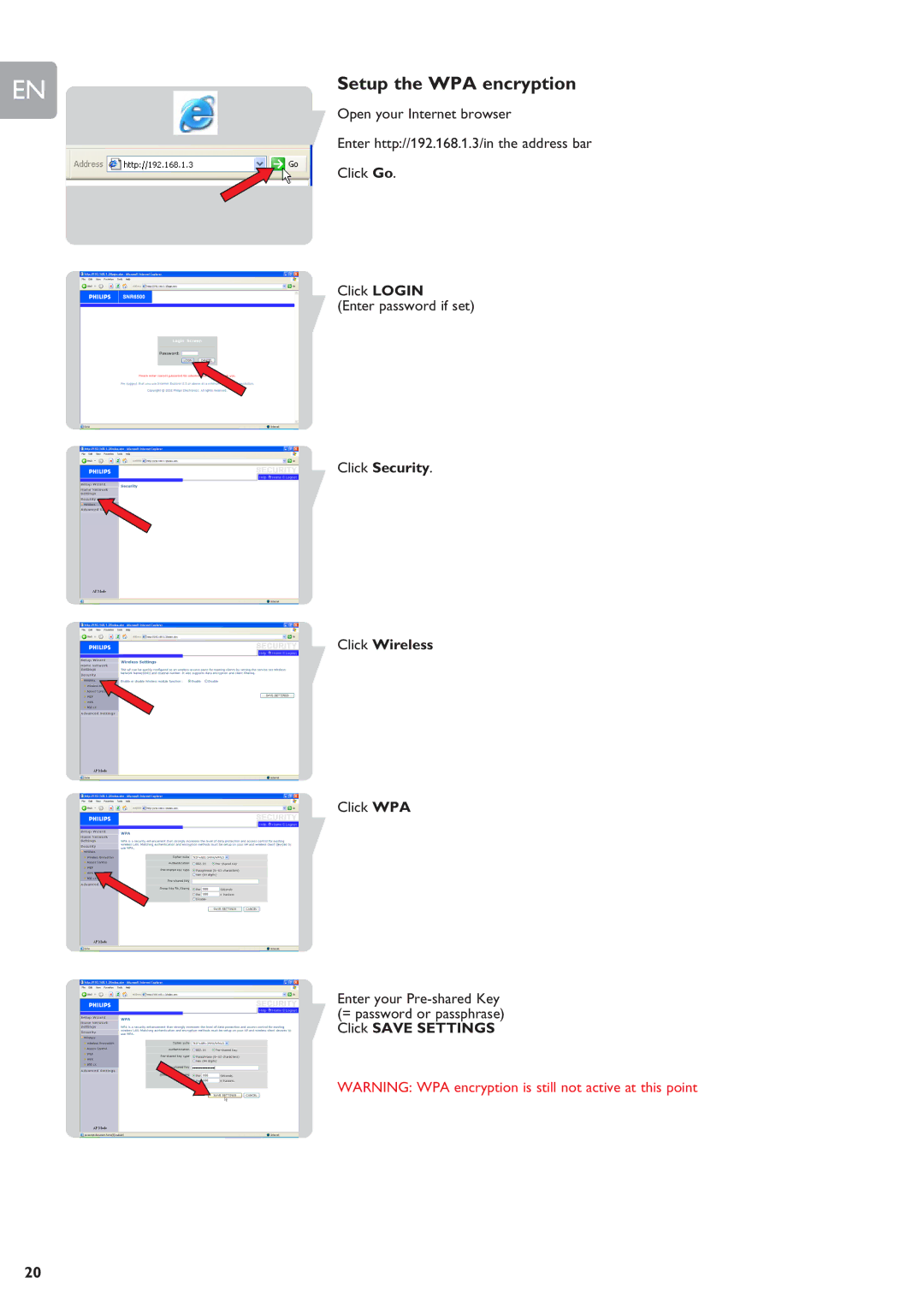 Philips SNR6500 user manual Setup the WPA encryption, Click Security Click Wireless 