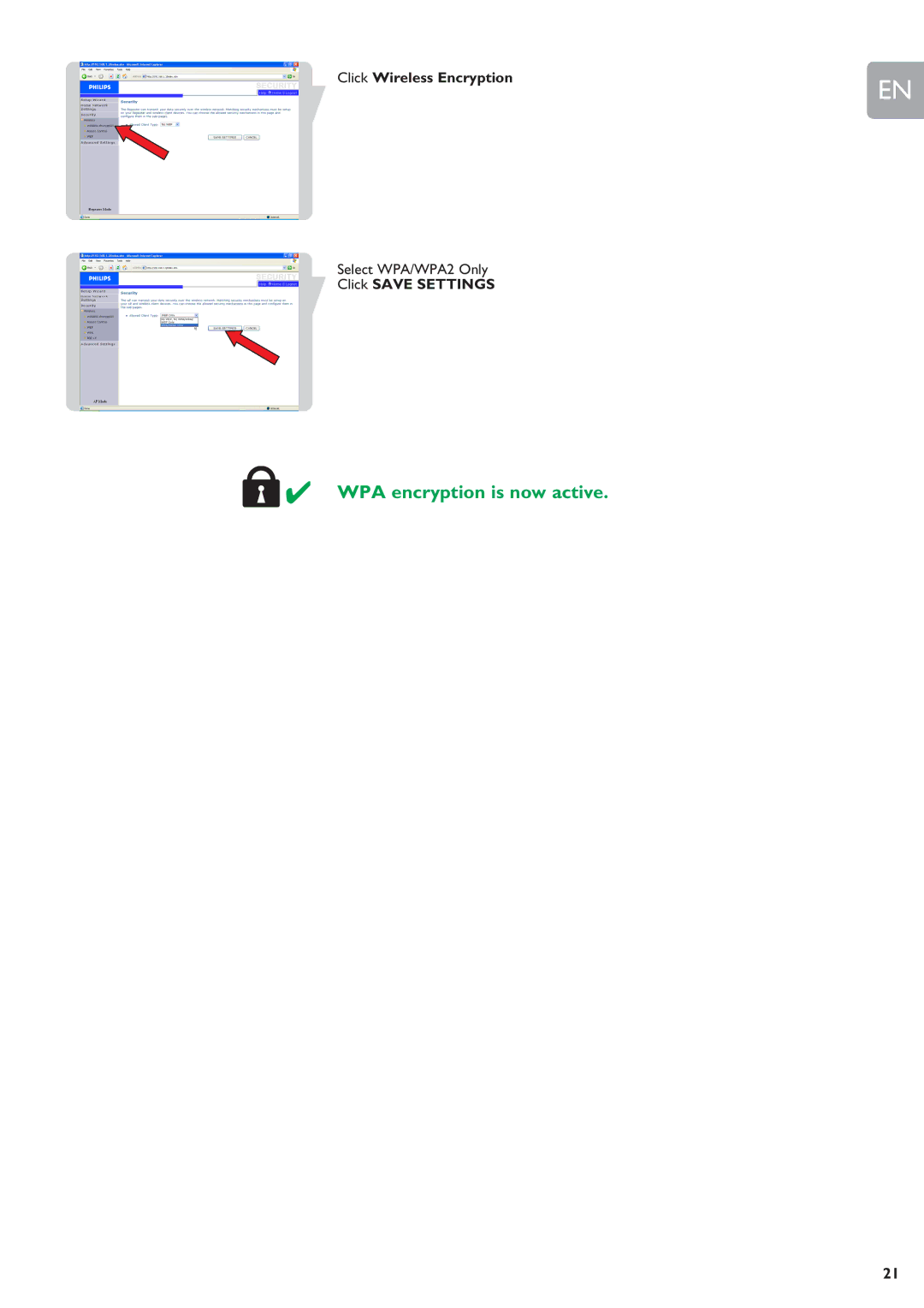 Philips SNR6500 user manual WPA encryption is now active 